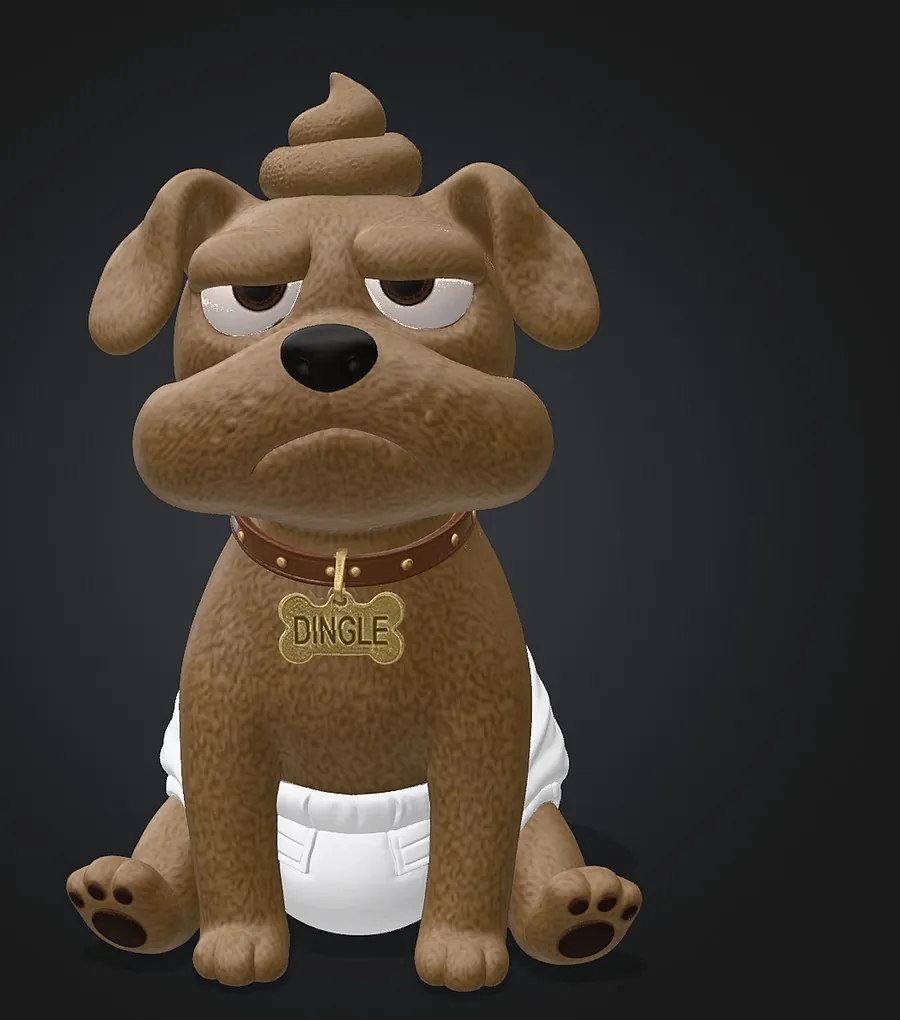 Dingle, a brown pug-like dog with heavy half-closed eyelids, a gold DINGLE tag and a white diaper