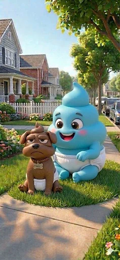 Poopie, a sky-blue baby in a diaper, beaming next to Dingle, a tired brown dog, on a sunny suburban lawn