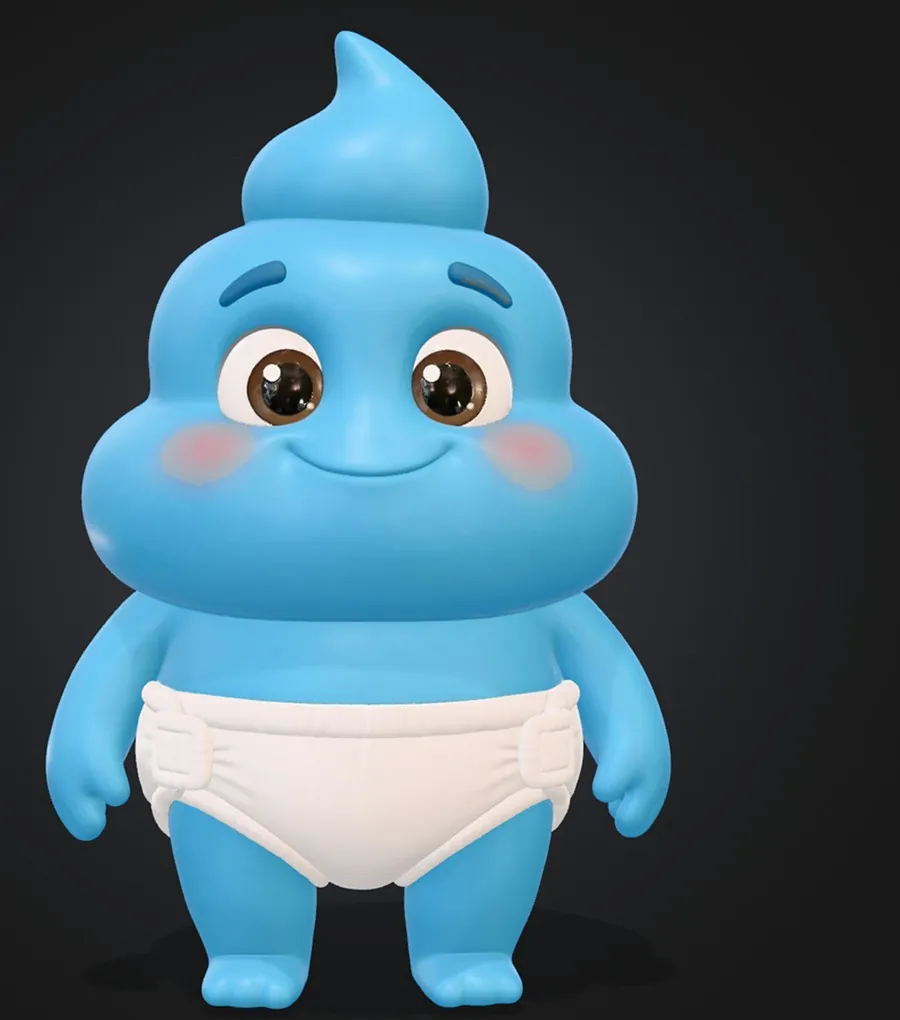Poopie, a glossy sky-blue baby in a white diaper, smiling wide with big brown eyes